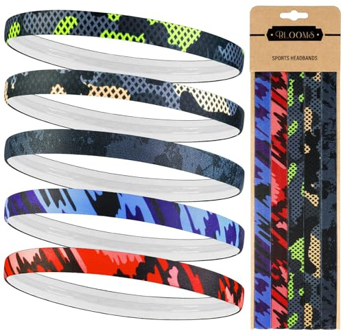 Blooms 5 Pcs Sports Headband, Non-Slip Head Bands Men & Women Elastic Silicone Grip Sweat Bands Unisex Boys Fashion Thin Hair Bands for Yoga, Football, Running, Tennis, Gym, Workout