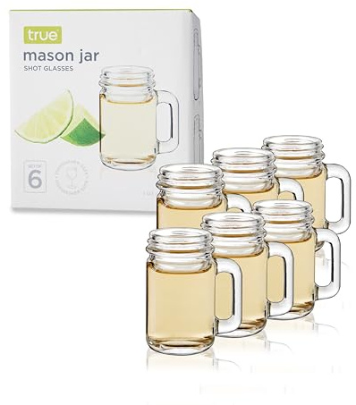 True Mason Jar Shot glasses, Reusable Mini Mason Jar shaped shot glasses with Handles, Party shot cups, Set of 6, 1 oz.
