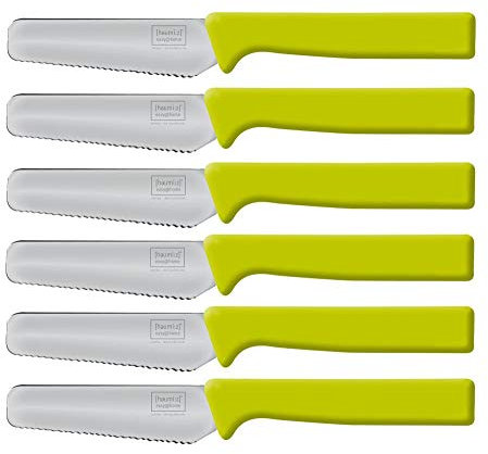 6 Stück homiez Frühstücksmesser KNIFE grün, Brötchenmesser, Tafelmesser, Brotzeitmesser, Wellenschliff, Soft-Griff
