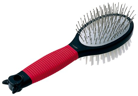 Ferplast Cepillo Doble para Perros - Pelo Corto, Medio y Largo - Carda Puntas Redondeadas, Acero Inoxidable - Cerdas Suaves - Mango Ergonómico Suave - Tamaño S, Rojo
