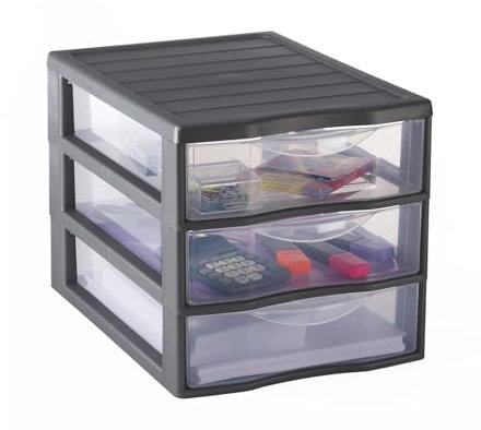 SUNDIS Orgamix, schubladenbox aus Kunststoff, 3 transparente Schubladen für A4-Papier, Höhe 25,5 cm, stapelbar, ideal für Schreibtisch, Unterricht, Dokumente, Zubehör