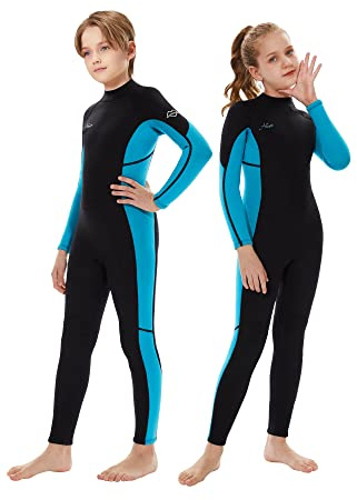 Hevto Kids Wetsuit for Boys Girls Children Toddler 3/2mm Neoprene Thermal Swimsuit Full Wet Suit in Cold Water for Swimming (K01-Blue, 10)