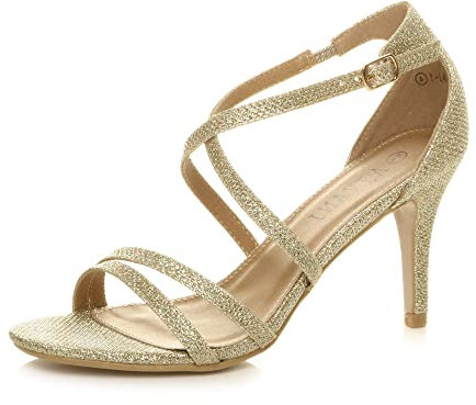 Ajvani Womens Ladies mid high Heel Strappy Crossover Wedding Sandals Shoes, Gold Shimmer Glitter, 4 UK