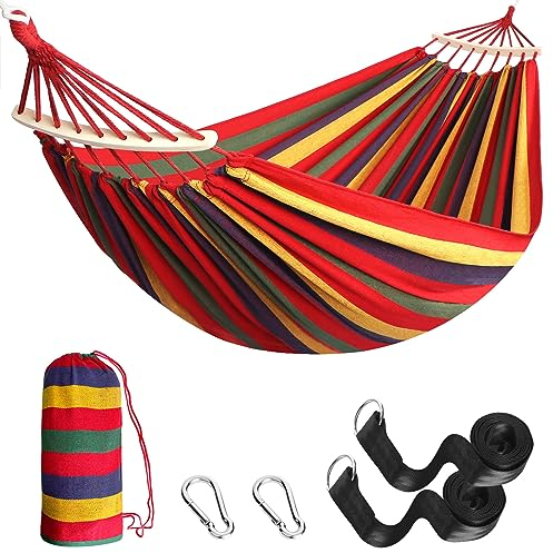 ANYOO Hängematte Garten Langlebige Hängematte mit Abnehmbaren Holzstange,Tragbaren Bequeme Stabhängematte mit Gürtelzubehör Tragetasch für Innen/Draussen Terrasse Garten Strand