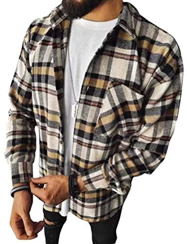 Minetom Chemises Homme en Flanelle Chemises Casual À Carreaux Manches Longues Chemise Bucheron Carreaux Chemise en Flanelle A Beige M