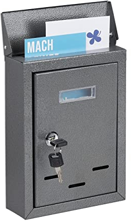 Relaxdays Buzón Pared Vertical, Placa para Nombre, Metálico, 2 Llaves, de Exterior, 26,5 x 19 x 6,5 cm, Estrecho, Gris, 90% Hierro plástico