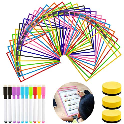 GuKKK 25 Pack Dry Erase Pockets, Suministros de Papelería Resuable, 35.5×25.5 cm / A4 con Bolígrafos, para la Organización en el Aula y Colegio, Guardería, Oficina (25)