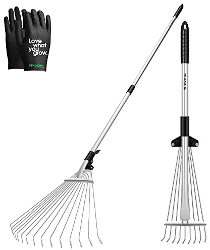 VIVOSUN 2-Piece Leaf Rake Set - Adjustable Garden/Camping Rake with 15/9 Tines, Collapsing Tines & Telescopic Handle (64'' & 30'')
