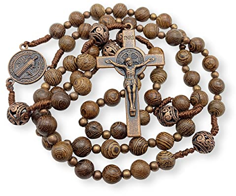 Nazareth Store Heiliger St. Benedikt Holzperlen Rosenkranz Massive Holzperlen Halskette & Metall Glory Beads Katholisches Kreuz Kruzifix, Holz, Kein Edelstein