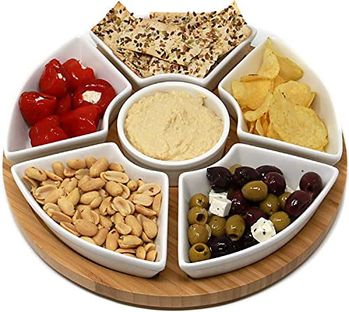 PLATEYTR Set para Aperitivos Juego de 6 Cuencos de cerámica con Bandeja de bambú, Cuencos para Aperitivos, Tapas, Cuencos de Postre, Cuencos para Salsas para Aperitivos, Aperitivos, Especias, Salsas