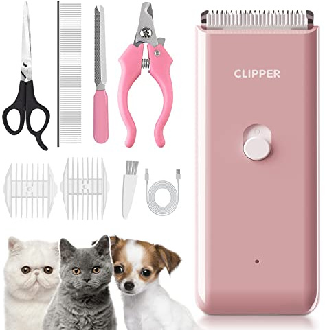Professional Cat Grooming Kit-Dog Clipper Set for Pet Hairs Lower Noise | Pet Clippers Grooming Kit,Rechargeable Pet Hair Clippers Shavers Set, Waterproof,for Puppy, Rabbits, Cats,2 Guide Comb,Pink