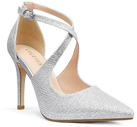 COLETER Womens 4 Pointed Toe D'Orsay Pumps Stilettos High Heel Crossed Ankle Strap Dress Shoes Silver Glitter 9US