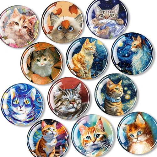 DARUITE 12 Piezas Imanes Nevera, Imanes Pizarra Magnética con patrón de Gato, Magnets Decorativos Redondos, Ideales para Gabinetes, Refrigeradores, Hogares y Oficinas