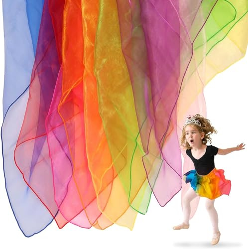 HAKOFS Sensory Scarves - 8 Pcs Rainbow Colour Baby Sensory Toys Dance Juggling Scarfs Silk, Performance Props Accessories 60 x 60 cm for Children Baby Adult Play