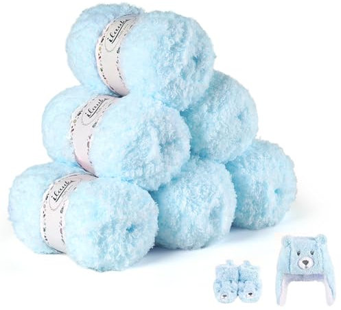 ilauke Fluffy Yarn 6x50g, Blue Fluffy Wool for Knitting, Flutterby Chunky Yarn for Crochet, Soft Wool for Blanket, Baby Clothes, Dolls, Rug