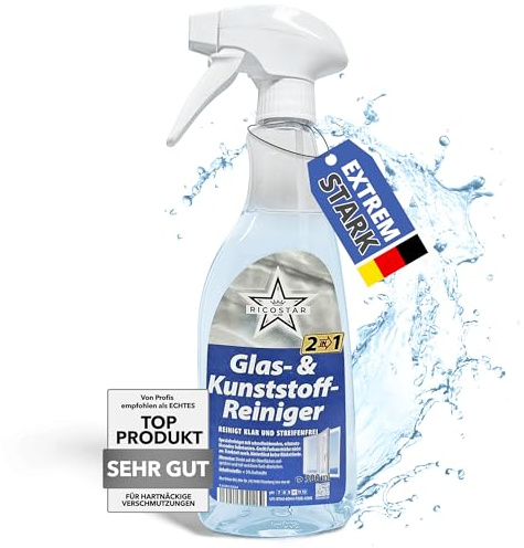 Ricostar 2in1 Glas- & Kunststoffreiniger 500 ml – Scheibenreiniger für streifenlosen Glanz & Sauberkeit – Glasreiniger für Fenster, Spiegel, Autoscheiben & Kunststoffflächen – Effektiv gegen Schmutz