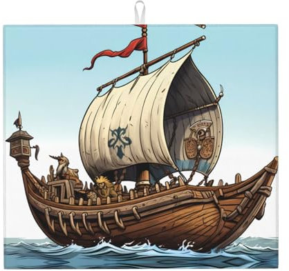 WHJYYXDE Alfombrilla de secado con diseño de barco vikingo antiguo para cocina. El centro está hecho de esponja compuesta reversible con cordón