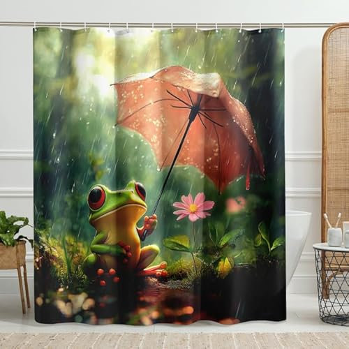 Cortina de ducha de anfibio, colorido anfibio verde con paraguas, cortina de ducha para decoración de baño, juego de cortina de ducha de tela impermeable con ganchos, 62 x 72 pulgadas