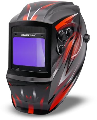 StartPro Schweißerhelm mit automatischer Verdunkelung, großes Sichtfeld, Echtfarbe, großer Schattenbereich DIN 4/5-9/9-13, 4 Lichtbogensensoren, WIG, STIK, MIG, CUT, SAW, Schleifmodus (Schwarz rot)