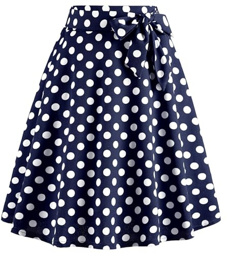 WERFORU Jupe midi pour femme années 50, jupe à pois rockabilly, vintage, style swing, jupe plissée avec ceinture, bleu, S
