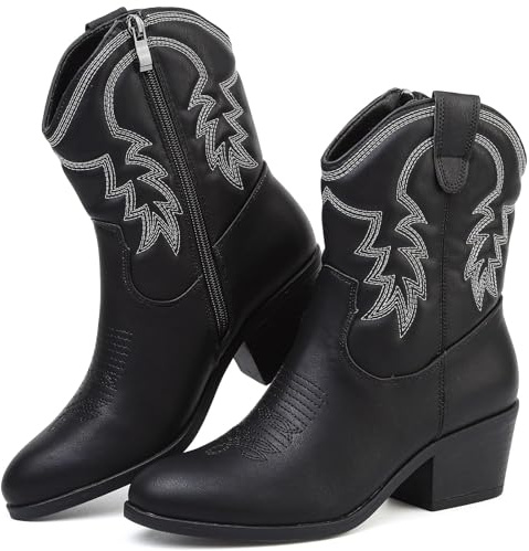 Bravover Cowboy Boots For Women Cowgirl Boots Black Western Size 6 Botte Cowboy Femme Knee High Wide Calf For Women Retro Western And Travelling Embroidered Pointed Toe Low Heel Mid Calf