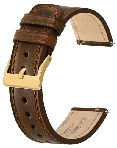 BISONSTRAP Leder Armband, Klassisches Ölgewachstes Leder, Uhrenarmband für Herren und Damen, Schnellverschluss, 18mm, Dunkelbraun (Goldene Schnalle)