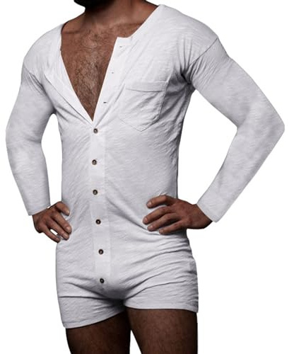 Generisch Mono de una pieza para hombre, body para adultos, pijama para hombre, ropa interior térmica monocolor, ropa interior elástica, ropa de dormir de manga larga, mono con botones, O blanco., M