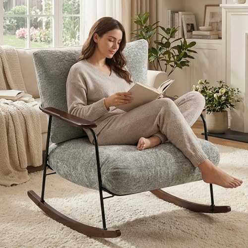 Hellove Sillón Mecedora Relax Reclinable Moderno - Butaca Salón con Respaldo Alto, Tela Chenilla Suave y Reposabrazos de Madera - Gris
