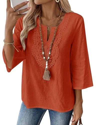 Rapbin Top da donna con maniche a 3/4, scollo a V, in cotone e lino, casual, vestibilità larga, tunica in pizzo bohémien, Caramello, L