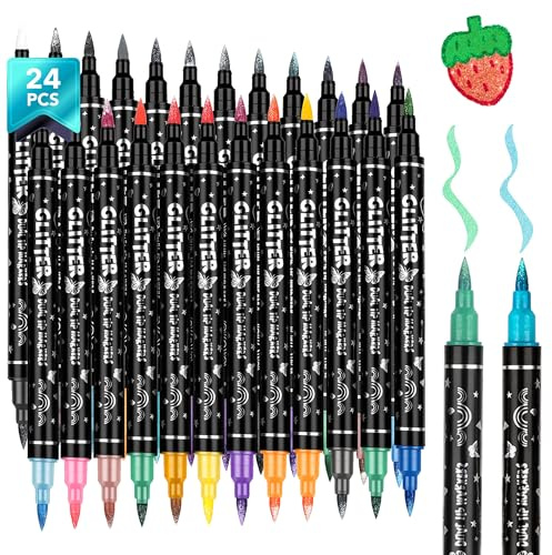 BONACE 48 Color pennarelli glitterati, 24 pennarelli a doppia punta, pennarelli metallizzati scintillanti per biglietti, lavori fai da te, scarabocchi, scrittura, libri da colorare per adulti
