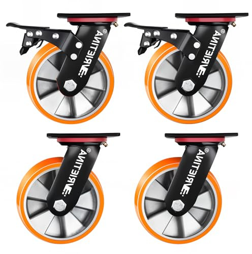 4 Stück Schwerlastrollen 150mm inkl. 2 Lenkrollen und 2 Lenkrollen mit Bremse, 360° Drehbar Alu Schwerlast Lenkrollen mit Mund einfetten für Forschungslabore, Industrielle Anlagen, Traglast 1350 kg