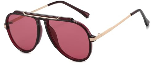 LJCZKA Gafas de Sol Piloto Grande para Mujer Hombre Años 70 Pilot Gafas de Sol Montura Metálica Vintage Moda Protección UV400 (Vino Rojo)