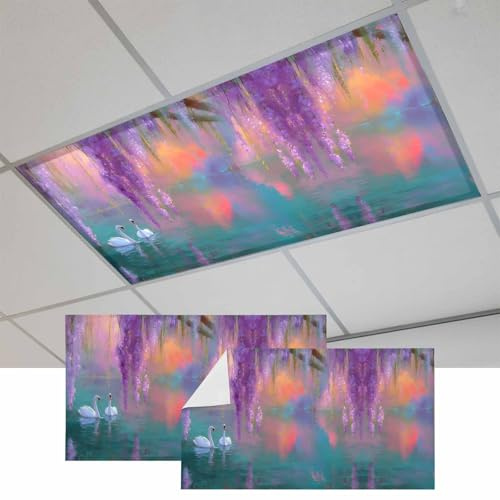 Fluorescent Light Covers, Purple Lavender Magnetic Light Covers for Ceiling Lights, Abstract Oil Painting Nature Landscape Fluorescent Ceiling Shade Filters for Classroom Bedroom Office 4x2Ft x 2PCS