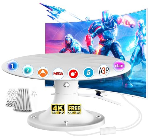 Antena TV para Autocaravana y Camper HD 4K/1080P, Antena TDT Digital con Recepción 360°, Compatible con Smart TV, HDTV y DVB-T2/DVB-T, Cable Coaxial 10 m, Ideal para Caravanas y Camiones (Blanco)