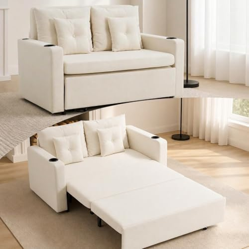 MELLCOM Two Seater Sofa Bed,Cream,for Living Room,Bedroom,Apartment | Pull Out Sleeper Sofas,3 in 1 Couch with Cup Holders,USB,Lounge Chair
