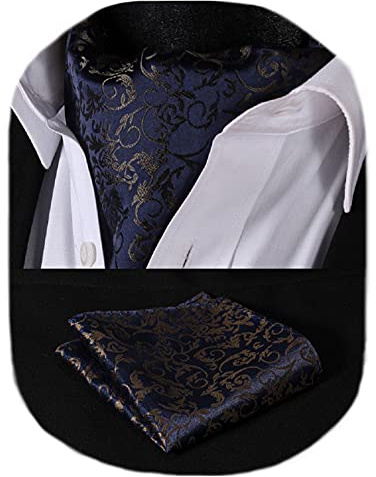 HISDERN Corbata Ascot y Pañuelo Para Hombre Conjunto Corbatas Con Pañuelos Paisley Floral Regalo Boda Elegante Clásico Para Fiesta Business,Azul Marino,Talla Única