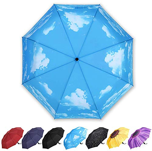 YumSur Parapluie Pliant, Automatique Ouverture et Fermeture Résistant à Tempête Compact Léger Parapluie de Voyage pour Homme et Femme, Blue Sky Impression