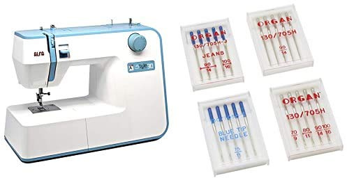 Alfa Hogar Maquina De Coser Style 30 Zig-Zag,Domestica, Azul + - Agujas Para Máquina De Coser 4 Estuches, Acero Inoxidable Talla Única