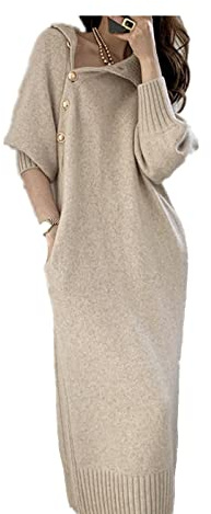 Femme Longues Manches Robe Pull Ceinturé Élégant Robes Dames Décontracté À Manches Longues Robe De Soirée Chaude Hiver Col Roulé Lâche Robe Longue en Tricot, Kaki, M