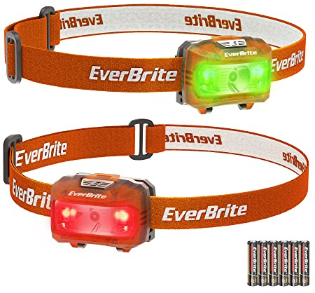 EverBrite LED Stirnlampe 2 Stück Orange mit Rotlicht & Grünlicht, Kopflampe mit 5 Lichtmodi, Weihnachtsgeschenke Mitgebsel zum Camping, Outdoor, Weihnacht [mit 6 AAA Batterien]