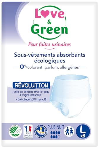 Love & Green Sous-vêtements absorbants adulte hypoallergéniques et écologiques Plus Nuit Taille L x8 - origine naturelle - ultra absorbant - sans colorants