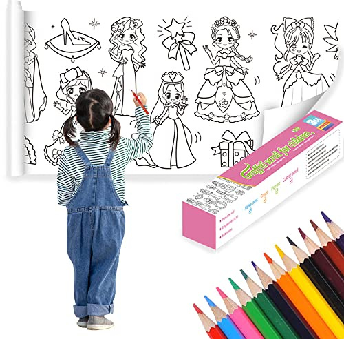 3m*30cm Bambini Rotolo Pittura, Rotolo Carta Colorare, DIY Rotolo Colorare, con 12 Matite Colorate, Tagliabile, Autoadesivo, per Bambini, Studenti, Scuole, Regali (Modello Principessa)