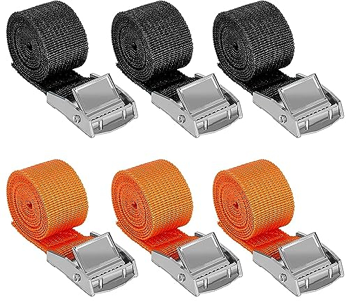 Correa de Amarre con Hebilla 1 m x 2,5 cm, 6 Unidades Cinturón de Amarre con Cierre de Sujeción, Color Negro y Naranja, para Motocicleta, Portabicicletas, Equipaje, Camping, Soporta hasta 250 kg
