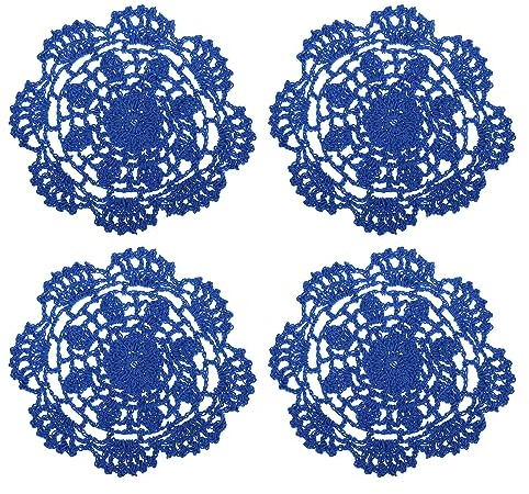 QUARKZMAN Tela Posavasos, 4uds 5 - Algodón Tejido Crochet Tapetes, Encaje Bordado Copa Alfombra con Floral Patrón para Boda Fiesta Decoración (Marino Azul)