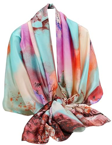 Bufanda de seda para mujer Silk Scarf Women Shawl Leaf Scarf Stain Neckerchief Head Wrap Thin Scarf Ladies Beach Scarf Vintage Bridal Shawl Chiffon Scarf Muslim Colorful Cloth (Pintura Rosa)