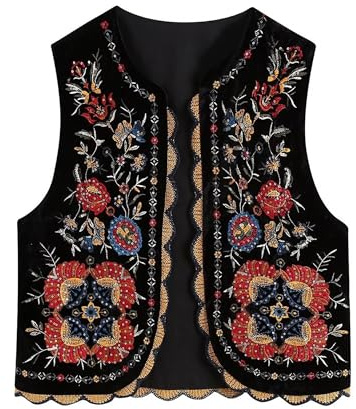 SANSIWU Damen-Weste, Vintage-Stickerei, Blumenweste, ärmellos, Pailletten, Oberbekleidung, Cardigan, Weste, Leinen, Streetwear, C-schwarz, M