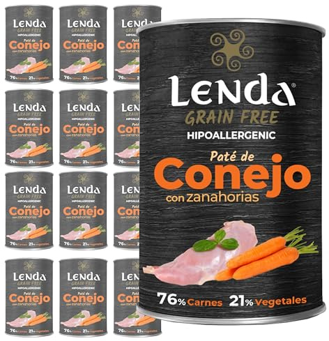 Lenda Pack 12 x 400gr Comida Humeda Hipoalergenica Perro Joven y Adulto - Conejo con Zanahorias - Alimento Completo y Natural para Todas Las Razas - Sin Cereales con Condroprotectores