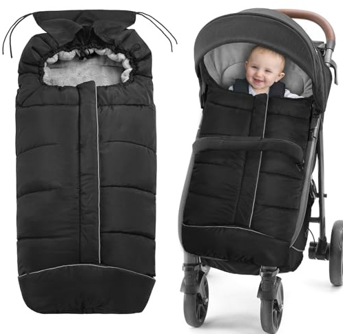 Universal Baby Footmuff for Strollers,Stroller Cover for Winter with Hooded Design,Waterproof and Windproof Winter Sleeping Bag with Coral Fleece Lining, Baby Bunting Bags for Most Strollers (BLACK)