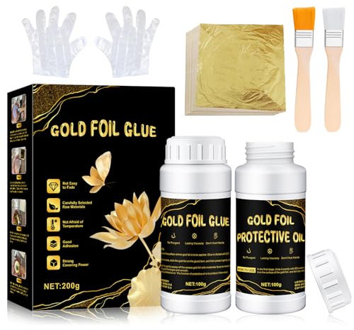 Ganbaro Gold Leaf Kit: 100ml Adhesive & Varnish, 100pcs Sheets, 2 Brushes, Glove, Gold Foil for Arts, Furniture & Crafts