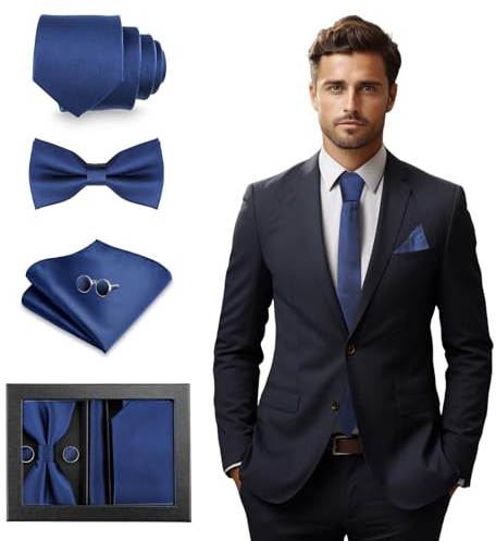 GlasFlength Krawatte mit Einstecktuch Set 4-Teiliges, Fliege mit Manschettenknöpfe für Männer Einfarbige Verstellbare Fliegen Polyester Krawatten mit Geschenkbox für Hochzeit Party (Blau)